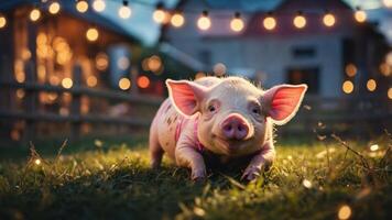 A cute piglet on a grassy lawn illuminated by string lights at dusk. photo