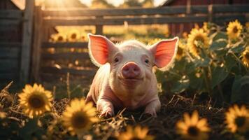 un linda cerdito acostado en un campo de girasoles, bañado en calentar luz de sol. foto