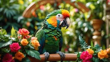 A vibrant parrot perched among colorful flowers in a lush garden setting. photo