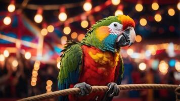 A vibrant parrot perched on a rope in a festive, colorful setting with lights. photo