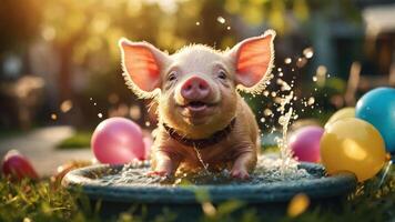 A playful piglet splashes in a water bowl surrounded by colorful balloons. photo