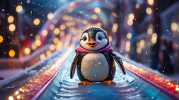 A cute penguin stands on a colorful ice slide amidst a snowy, festive background. photo