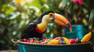 A colorful toucan perched beside a bowl of vibrant fruits in a lush garden setting. photo