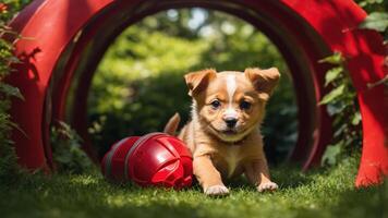 A playful puppy crawls through a red tunnel in a sunny garden, with a toy beside it. photo