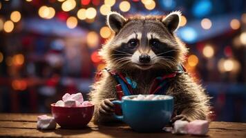 A raccoon enjoying hot cocoa with marshmallows in a festive setting. photo
