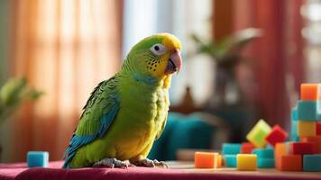 A vibrant green parrot sits on a table beside colorful building blocks in a lively room. photo