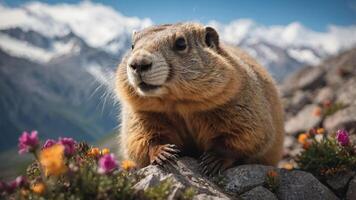 A close-up of a marmot amidst colorful flowers and mountains. photo