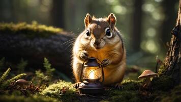 A chipmunk holding a lantern in a forest setting, creating a whimsical atmosphere. photo