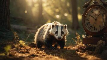 A badger walking through a sunlit forest next to an antique clock. photo