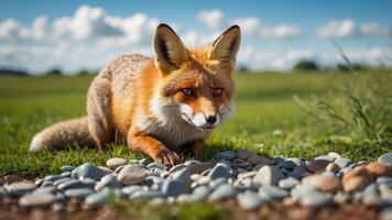 A close-up of a fox poised on grass, surrounded by pebbles under a blue sky. photo