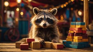 A raccoon playing with colorful building blocks in a vibrant, festive setting. photo