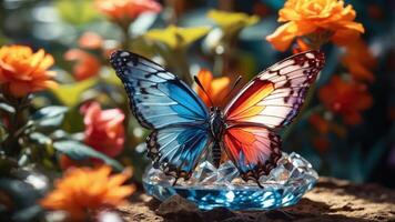 A vibrant butterfly resting on a crystal dish amidst colorful flowers. photo