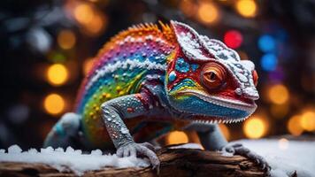 A colorful chameleon with snow on its back, set against a blurred, festive background. photo