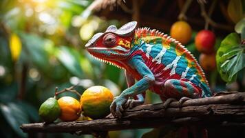A vibrant chameleon perched on a wooden ledge surrounded by colorful fruits in a lush setting. photo