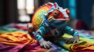 A colorful lizard crawling on vibrant fabric, showcasing its unique patterns and textures. photo