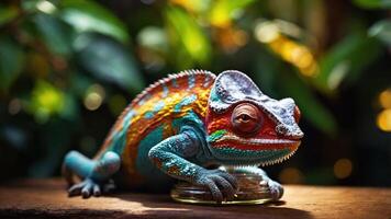 A colorful chameleon resting on a surface amidst a blurred green background. photo