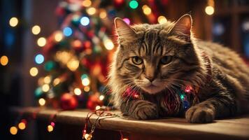 A cat adorned with festive lights lounges near a decorated Christmas tree. photo