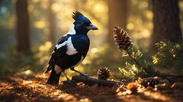 A bird stands in a sunlit forest, surrounded by pine cones and greenery. photo