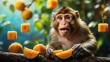 A monkey enjoying fruit in a vibrant, natural setting. photo
