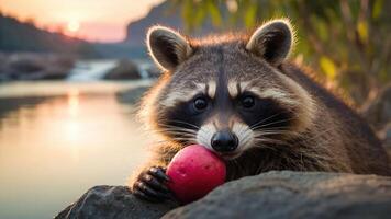 A raccoon holds a red apple by a river at sunset, showcasing wildlife and nature's beauty. photo