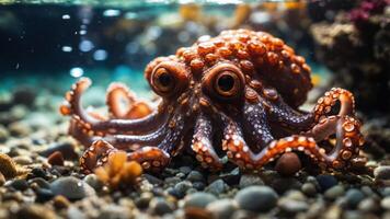 A vibrant octopus resting on a rocky seabed, showcasing its unique colors and textures. photo