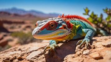 A colorful lizard resting on a rock in a desert landscape under a clear blue sky. photo
