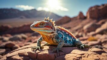 A colorful lizard basking on rocks under a bright sun in a desert landscape. photo
