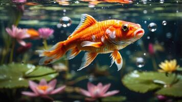 A vibrant goldfish swimming among lily pads and bubbles in a serene aquatic setting. photo