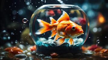 A goldfish swims in a glass bowl, surrounded by bubbles and pebbles, creating a serene scene. photo