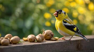 A vibrant yellow bird perched near small potatoes in a natural setting. photo