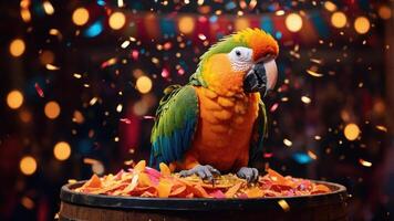 A colorful parrot perched on a barrel amidst festive confetti. photo