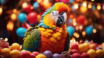 A colorful parrot surrounded by vibrant decorations and candies, creating a festive atmosphere. photo