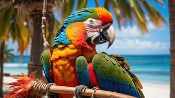 A vibrant parrot perched on a branch with a beach and ocean backdrop. photo