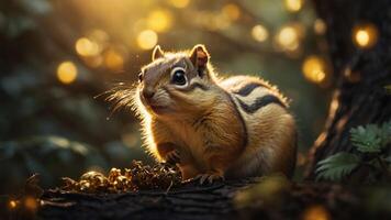 A close-up of a chipmunk in a sunlit forest, surrounded by greenery and soft bokeh lights. photo