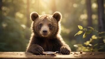 A curious bear sits at a table in a forest, gazing at a bowl with a serene expression. photo