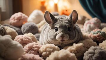 A chinchilla resting among colorful pom-poms in a cozy indoor setting. photo