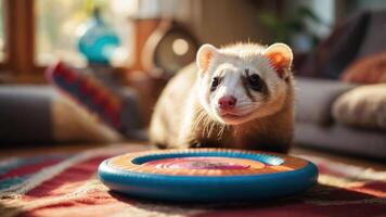 A playful ferret curiously approaches a colorful frisbee in a cozy indoor setting. photo