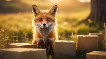 A fox stands among wooden blocks in a sunlit grassy field. photo