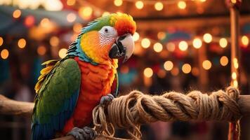 A vibrant parrot perched on a rope, with festive lights in the background. photo