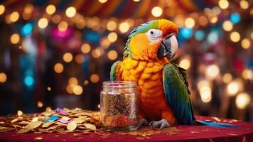 A colorful parrot sits beside a jar of confetti on a festive table with a blurred background. photo