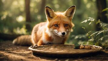 A fox resting near a woven tray with food in a serene forest setting. photo
