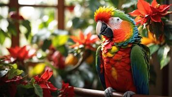 A colorful parrot perched among vibrant flowers in a lush indoor setting. photo