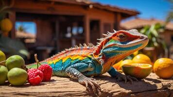 A colorful lizard rests on a log beside fresh fruits in a vibrant outdoor setting. photo