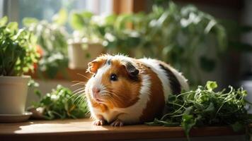 A guinea pig resting among fresh greens in a sunlit indoor setting. photo