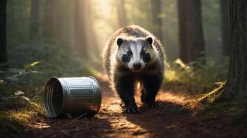A badger stands on a forest path beside a tipped-over trash can, illuminated by sunlight. photo