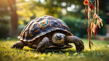 A tortoise on grass with a dreamcatcher hanging nearby in a serene setting. photo