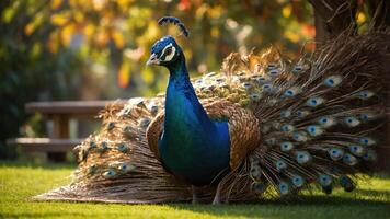 A vibrant peacock displaying its colorful feathers in a serene outdoor setting. photo