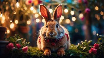 A charming rabbit adorned with flowers, set against a backdrop of warm fairy lights. photo