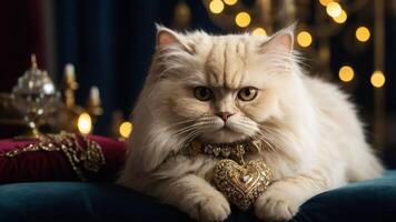 A regal-looking cat adorned with a jeweled collar, set against a backdrop of soft lights. photo