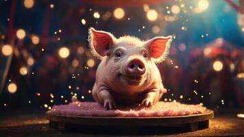 A cute pig resting on a stage, illuminated by soft lights in a lively setting. photo